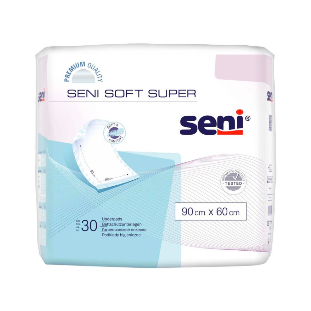 Verpackung für „Seni Soft Super Bettschutzunterlagen, verschiedene Größen – 30 Stück“ der TZMO Deutschland GmbH, mit Schwerpunkt auf einer Packung mit 30 Unterlagen mit den Abmessungen 90 cm x 60 cm. Das Design enthält Produktinformationen und ein Qualitätssiegel.