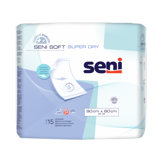 Verpackung für die Seni Soft Super Dry Bettschutzunterlage der TZMO Deutschland GmbH, dargestellt als blau-weiße Plastiktüte mit Produktdetails und Abbildung der Unterlage darauf. Enthält 15 Unterlagen in der Größe 90 x 60 cm.