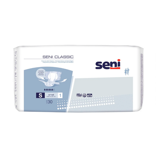 Eine Packung Seni Classic Inkontinenzhosen der TZMO Deutschland GmbH in Größe S mit Abbildung der Eigenschaften und Saugstärke, versiegelt in einer blau-weißen Verpackung mit Markenlogos und -symbolen.