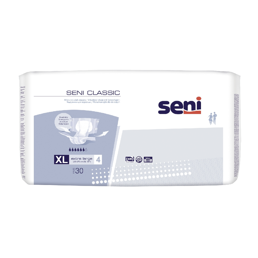 Eine Packung Seni Classic Inkontinenzhose der TZMO Deutschland GmbH in den Größen S-L mit Produktdetails und Symbolen für Atmungsaktivität und Tragekomfort. Die Packung ist überwiegend weiß mit blauen und grauen Akzenten.
