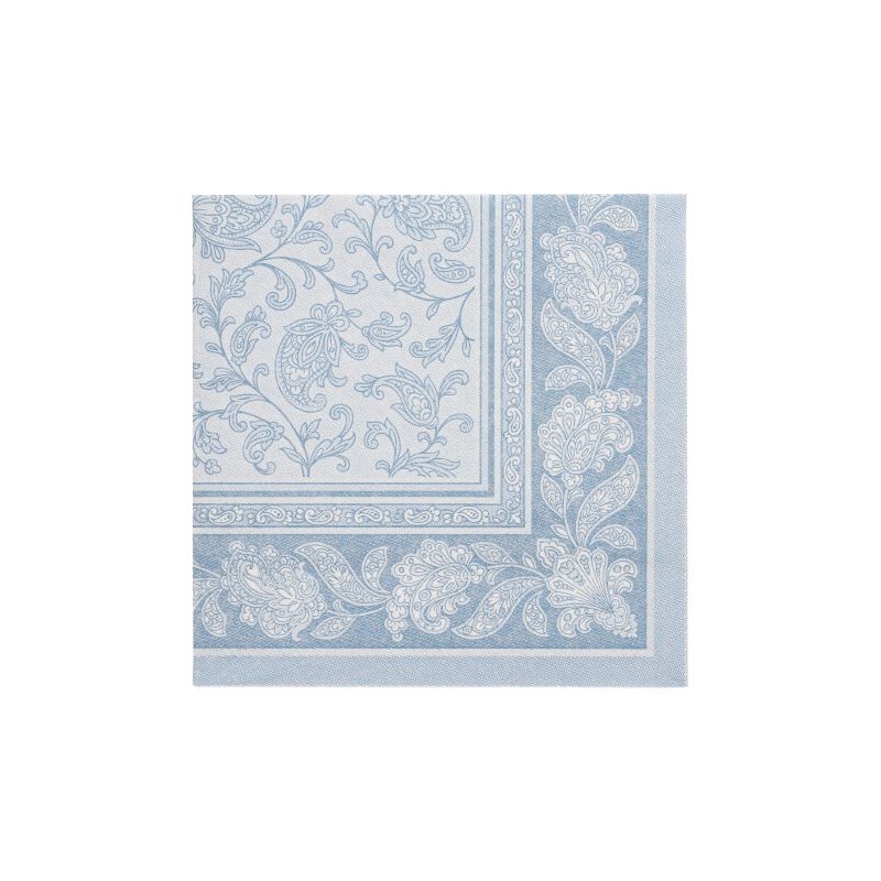 Diese PAPSTAR-Serviette „Royal Collection“ mit dem Namen „Ornaments“ zeigt ein quadratisches Design aus hochwertigem Tissue. Sie verfügt über einen hellblauen Rand und ein aufwendiges Paisley-Muster, das an zarte Pflanzenranken-Muster erinnert, und das alles auf einem makellos weißen Hintergrund.