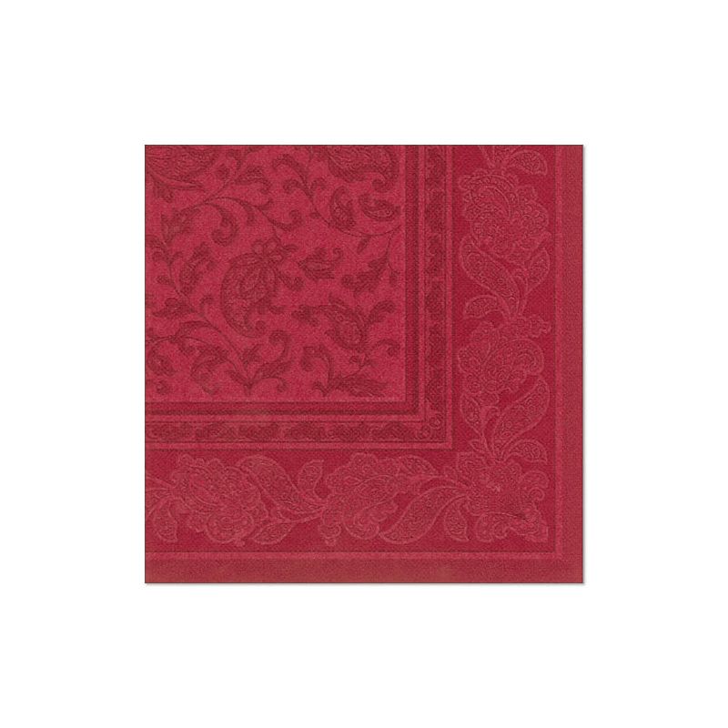 The PAPSTAR GmbH "ROYAL Collection" 20 napkins (1/4-fold, 40x40 cm) are square, red napkins with an ornate floral and paisley border - ideal for elegant table decoration, here on a white background.