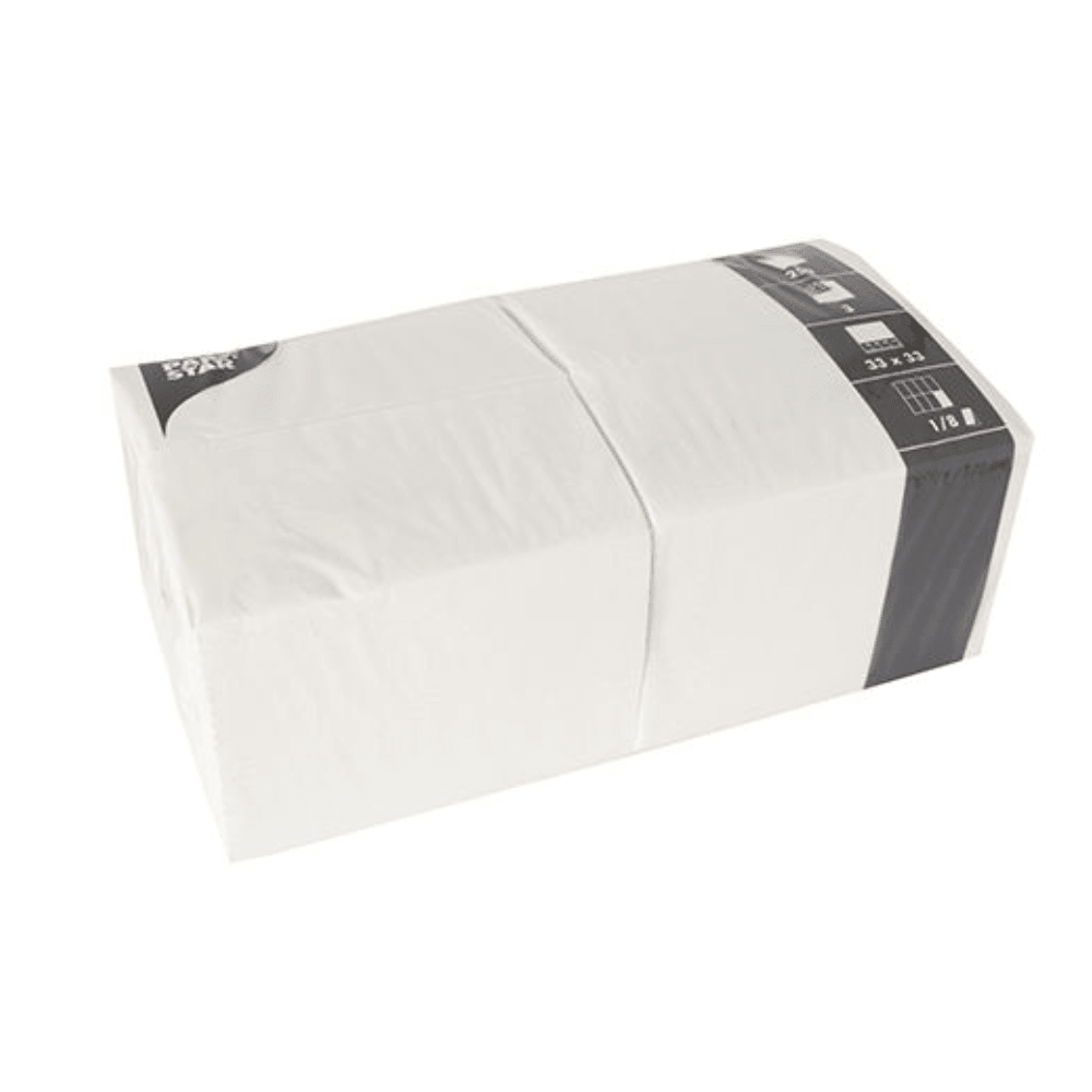 Eine rechteckige Packung PAPSTAR 250 Servietten, 3-lagig 1/8-Falz der PAPSTAR GmbH misst 33 x 33 cm und ist in durchsichtigem Kunststoff mit einem schwarz-weißen Etikett an einem Ende verpackt.