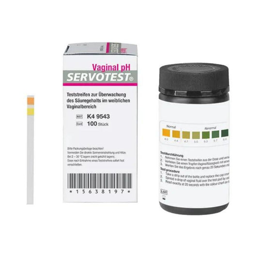 Eine Schachtel und eine Flasche mit der Aufschrift „Servoprax Vaginal-pH-Indikatorstreifen“ mit einer pH-Farbskala an der Seite und einem einzelnen Vaginal-pH-Indikatorstreifen daneben.