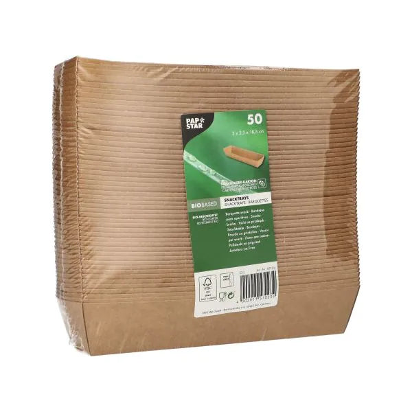 Eine Packung mit 50 braunen PAPSTAR "pure" Snacktrays aus Pappe von PAPSTAR GmbH - perfekt als umweltfreundliche Ergänzung zu nachhaltigem Einweggeschirr oder biologisch abbaubaren Servietten.