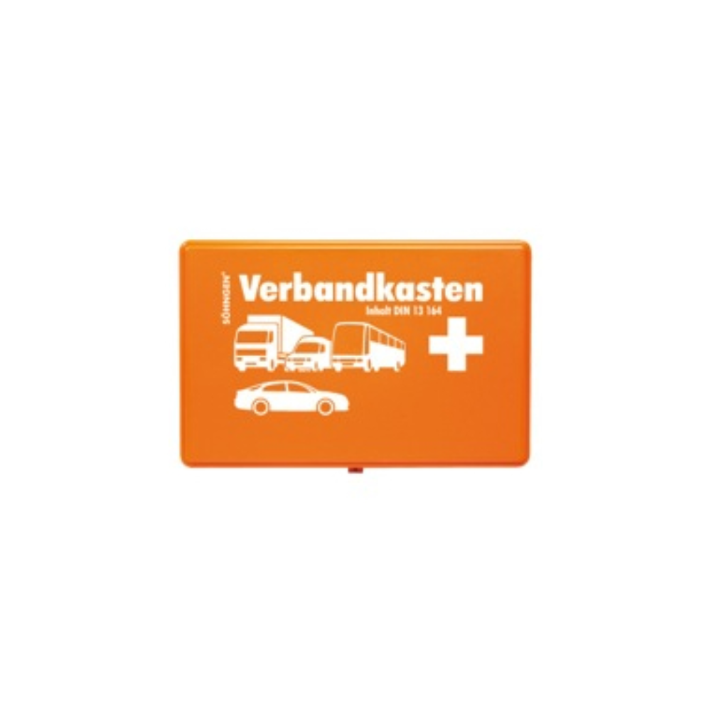 Der Söhngen KFZ-Verbandkasten Orange mit Füllung der W. Söhngen GmbH zeigt weiße Illustrationen eines Autos, eines Lastwagens und eines Busses. Es enthält den Text „Verbandkasten“ sowie zusätzliche Erste-Hilfe-Informationen und ein Kreuzsymbol gemäß DIN 13164.