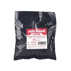 A package labeled “Soft-Hand Latex Finger Cots, Size 3 – 100 Count” from Servoprax GmbH contains medium-sized, non-sterile finger cots. The packaging is black with a red-and-white label and is powder-free.