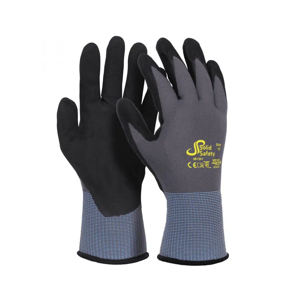 A pair of black and gray AMPri assembly and work gloves SolidSafety Tough with the brand name “AMPri Handelsgesellschaft mbH” and various safety certificates on the back. The gloves feature a nitrile microfoam coating for a more secure grip, a textured grip surface, and extended wrist cuffs.