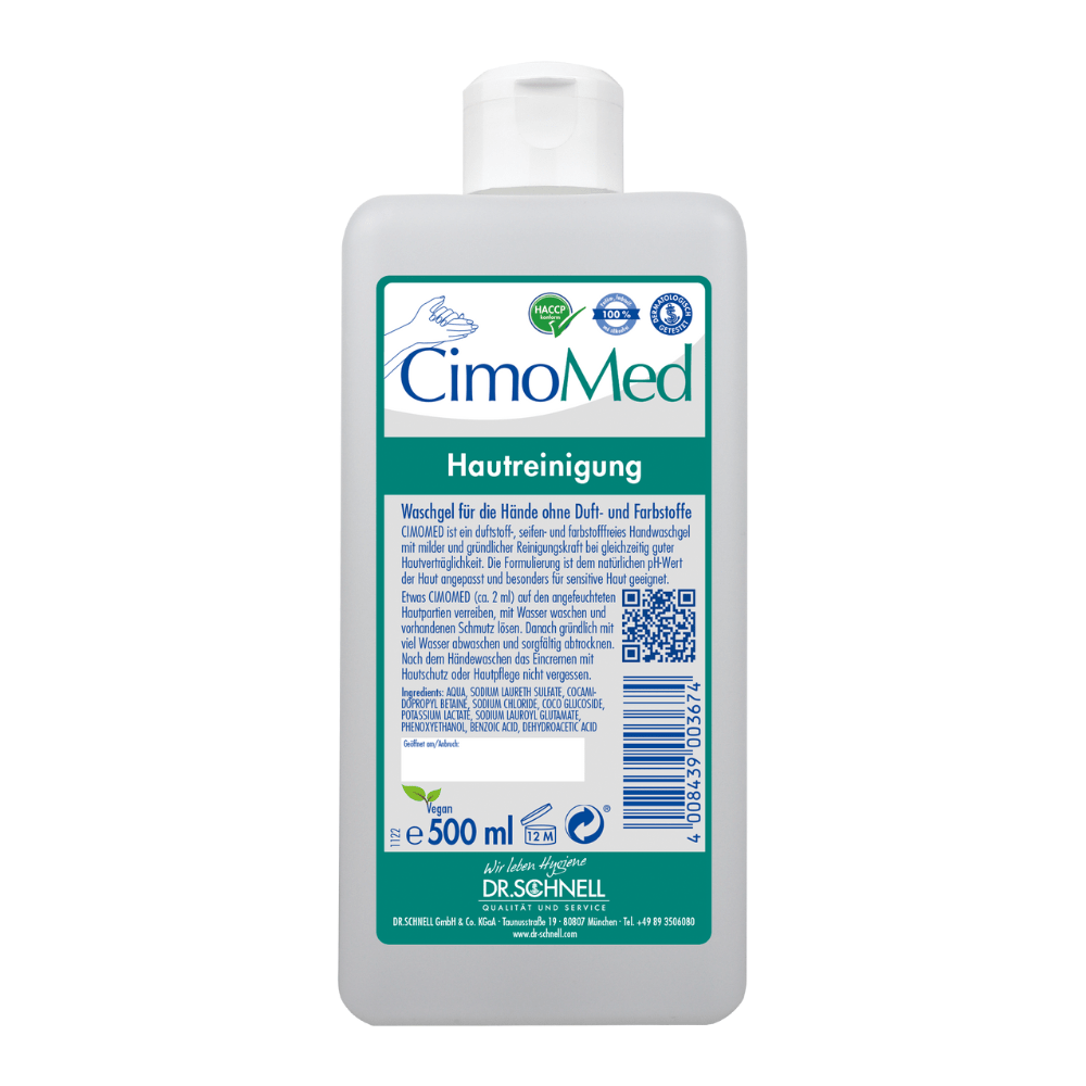 Eine weiße 500 ml Flasche Dr. Schnell CIMOMED Handwaschgel von DR.SCHNELL GmbH & Co. KGaA, duft- und farbstofffrei, für Hautreinigung, Etikett in Deutsch mit blau/grünen Akzenten, Barcode und Zertifizierungslogos, für sensible Haut geeignet.