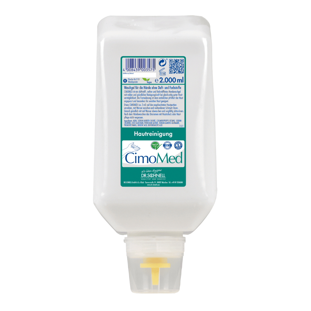 Eine 2000 ml weiße Kunststoffflasche Dr. Schnell CIMOMED Handwaschgel, duft- und farbstofffrei, für Hautreinigung von DR.SCHNELL GmbH & Co. KGaA; mit grün-blauem Etikett und gelber Tülle - ideal für empfindliche Haut.