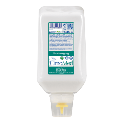 Eine 2000 ml weiße Kunststoffflasche Dr. Schnell CIMOMED Handwaschgel, duft- und farbstofffrei, für Hautreinigung von DR.SCHNELL GmbH & Co. KGaA; mit grün-blauem Etikett und gelber Tülle - ideal für empfindliche Haut.