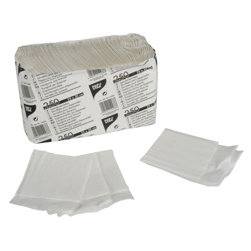 Pictured is a pack of PAPSTAR dispenser napkins, 1-ply, 25 cm x 30 cm. The white napkins, neatly stacked in a transparent package with printed text, showcase their eco-friendly design. Two napkins are presented individually in front of the packaging to highlight their quality and environmentally conscious features.