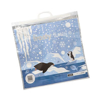 The Starpak frozen food carrier bag is a blue LDPE bag featuring penguins on ice with snowflakes, icicles, the phrase “Frosty Times,” a white handle, and a barcode in the lower left corner.