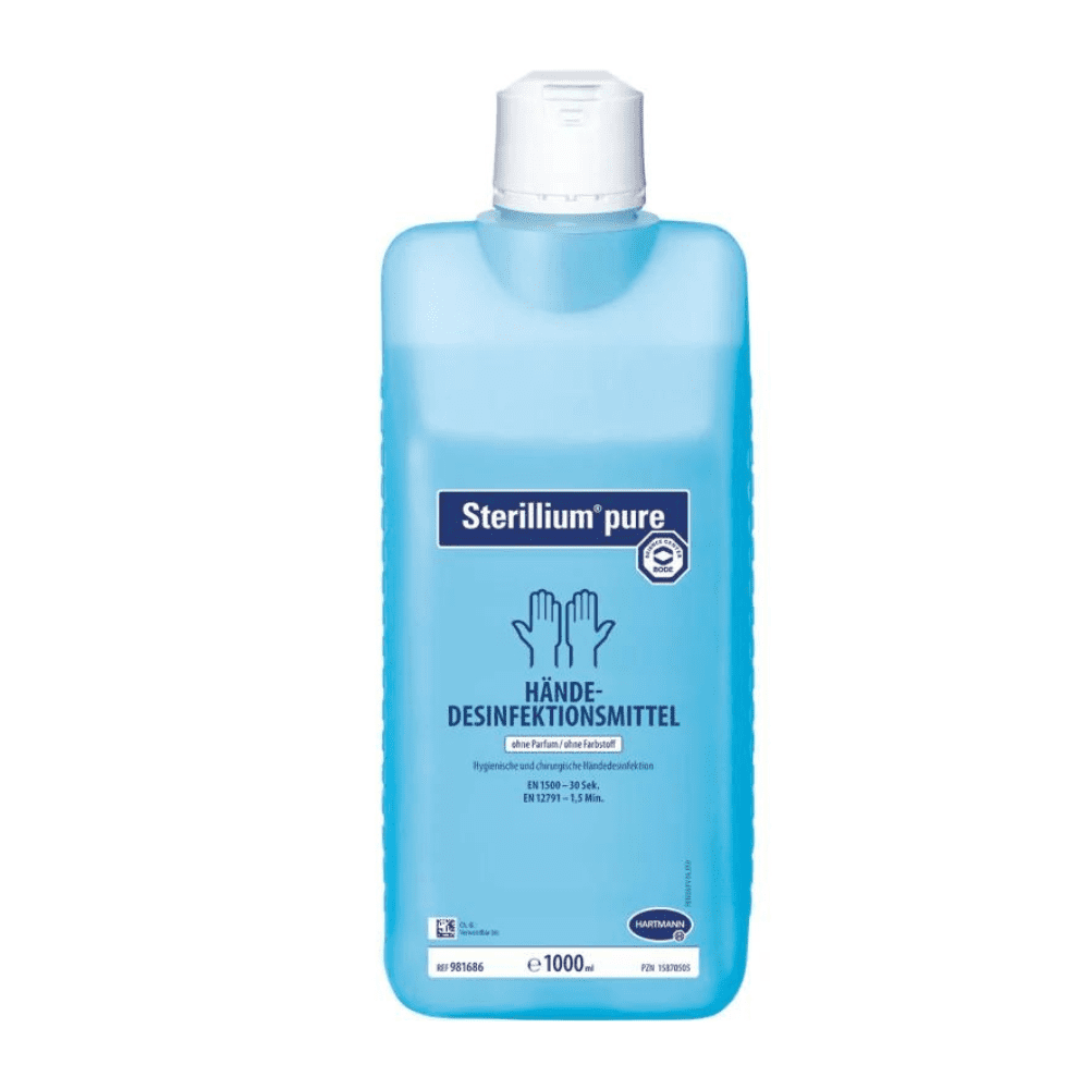 Eine Flasche Hartmann Sterillium® pure Händedesinfektion von Paul Hartmann AG in Blau, mit Produktnamen und -details in deutscher Sprache, welche die bakterielle und pilzhemmende Wirksamkeit hervorheben.