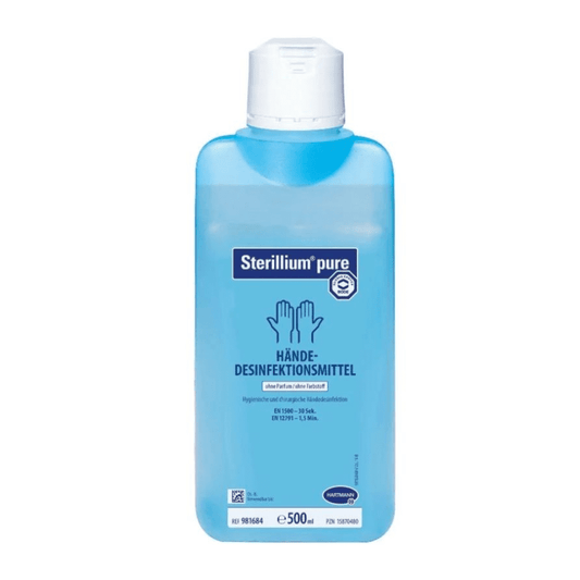 Eine Flasche Hartmann Sterillium® pure Händedesinfektion, 500ml. Die Flasche ist blau und mit weiss-blauer Schrift beschriftet, was darauf hinweist, dass es sich um ein hygienisches Händedesinfektionsmittel der Paul Hartmann AG handelt.