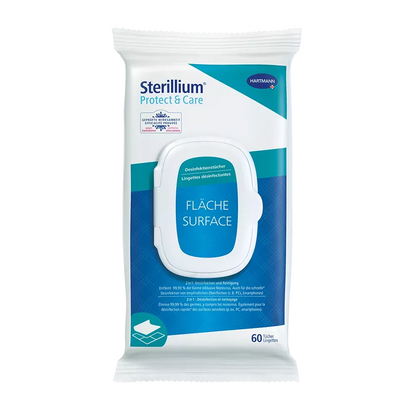 A pack of Hartmann Sterillium® Protect & Care Disinfectant Wipes for surfaces softpack. The white-blue packaging contains 60 wipes and is marked with the logo of Paul Hartmann AG. The text on the packaging is mostly in German and states that it is for fast disinfection of sensitive surfaces.