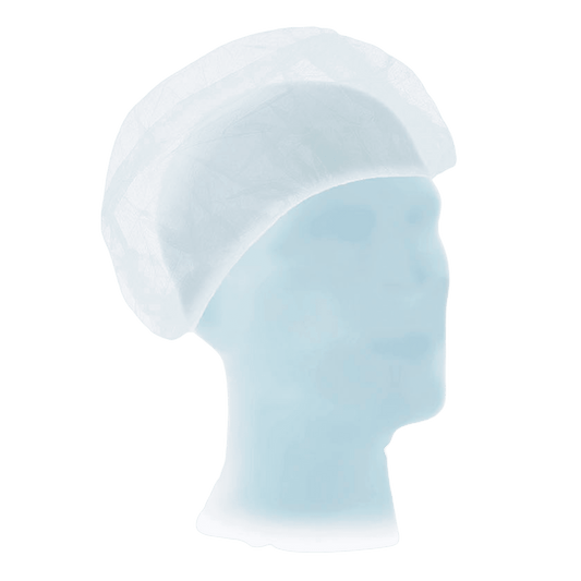 Ein transparenter Schaufensterpuppenkopf mit einer weißen, Einweg-Mediatrade Suavel® Astrid Schwesternhaube XL aus Polypropylen-Vliesstoff vor einem grünen Hintergrund.