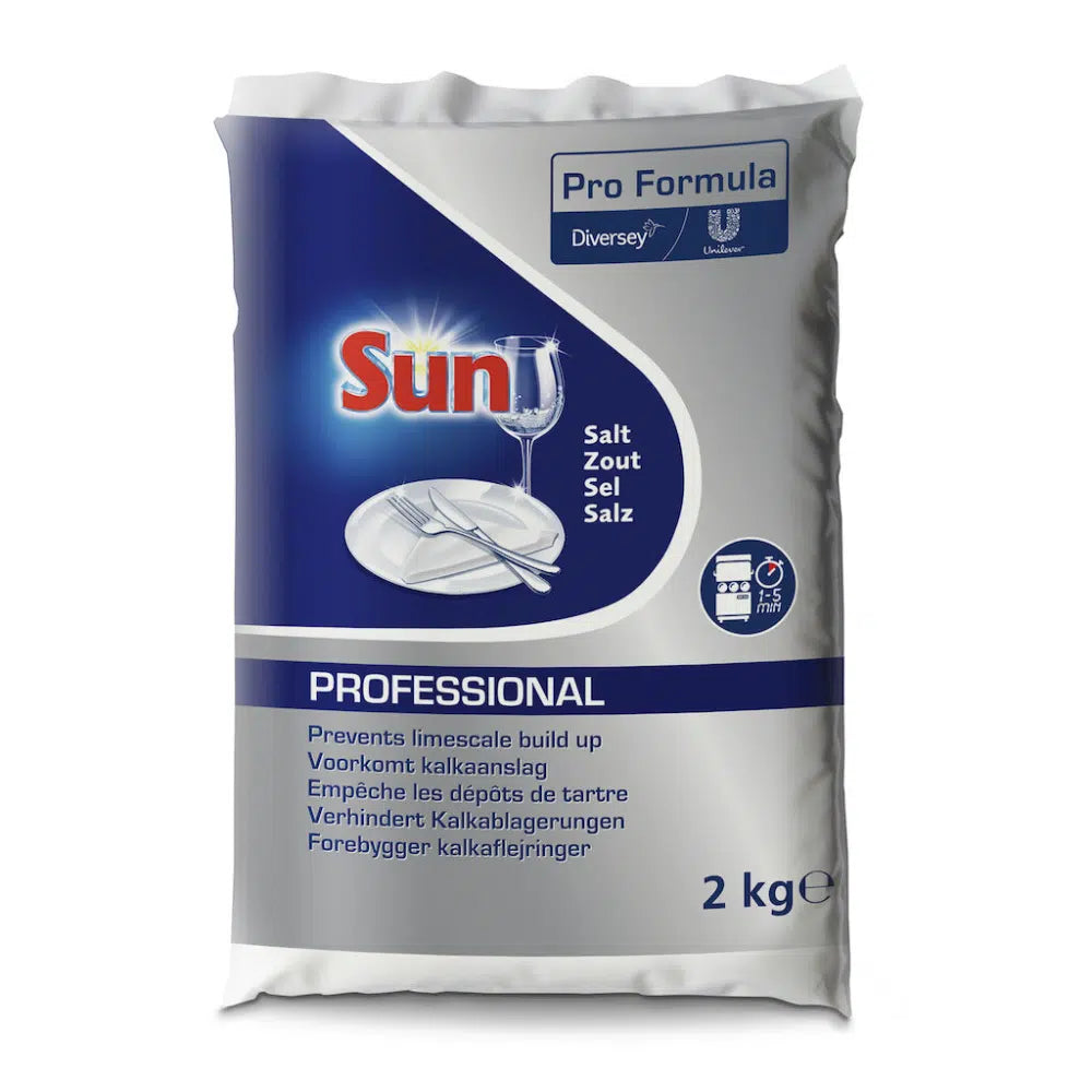 A 2 kg bag of SUN Professional coarse-grained salt, regenerating salt from Diversey Deutschland GmbH & Co. OHG, in a blue and white design with images of a wine glass and a plate. The packaging emphasizes its role in preventing lime deposits and contains multilingual text.