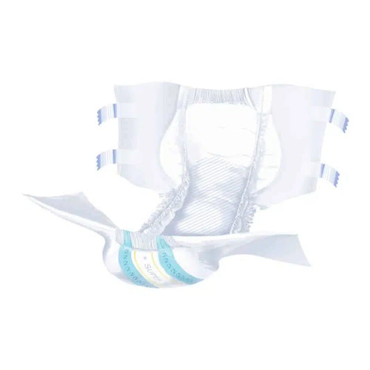Ein Set Super Seni Inkontinenzhosen für Erwachsene mit verstellbaren Laschen, in weiß-blauem Design, das Komfort und Saugstärke betont. Der Produktname TZMO Deutschland GmbH ist teilweise auf einem hellblauen Band sichtbar.