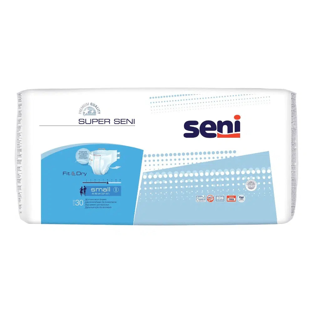 Verpackung von Super Seni Inkontinenzhosen, Größe XS-XL mit „fit & dry“-Funktion, ideal bei Blasenschwäche. Die Packung ist überwiegend weiß mit blauen Akzenten und enthält 30 Stück – TZMO Deutschland GmbH.