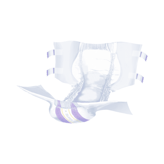 Ein röntgenähnliches Bild, das die Innenseite einer verpackten Super Seni Plus Inkontinenzhosen-Damenbinde mit sichtbaren Innenschichten, strukturellen Designdetails und Auslaufschutz-Funktionen der TZMO Deutschland GmbH zeigt.