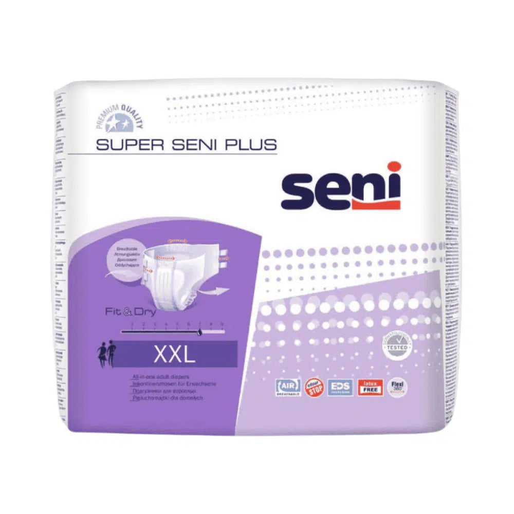 Eine Packung Super Seni Plus Inkontinenzhosen in Größe XXL mit dem Logo der TZMO Deutschland GmbH und Symbolen der Auslaufschutz-Technologie vor einem weiß-violetten Farbschema.
