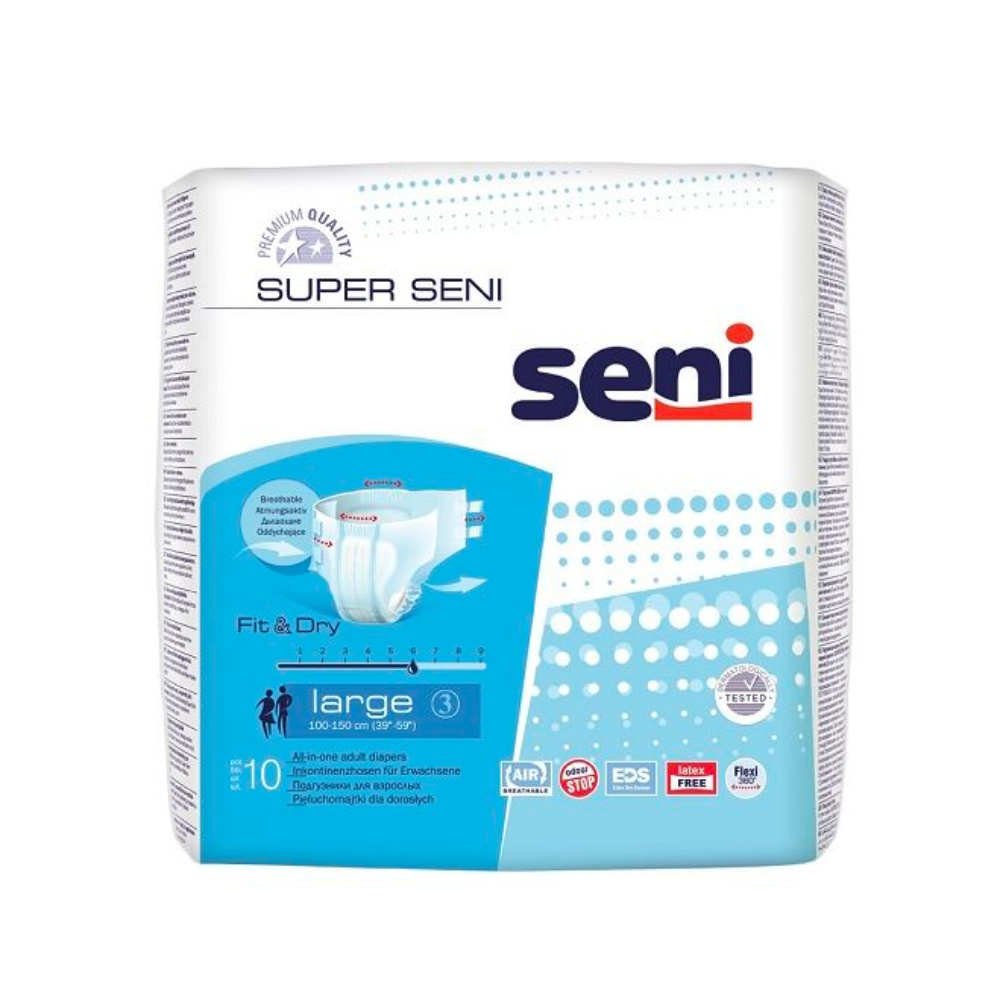 Eine Packung Super Seni Inkontinenzhosen der TZMO Deutschland GmbH mit Produktmerkmalen wie atmungsaktivem Material und Extra Dry System, im Lieferumfang sind 10 Stück enthalten. Die Verpackung ist überwiegend weiß und blau.
