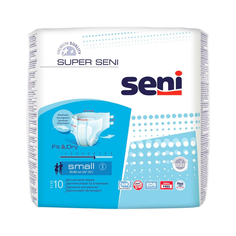 Eine Packung Super Seni Inkontinenzhosen für Blasenschwäche von TZMO Deutschland GmbH, die die Produkteigenschaften wie Atmungsaktivität, Trockenheit und hypoallergene Eigenschaften hervorhebt. Die Packung ist überwiegend weiß mit...
