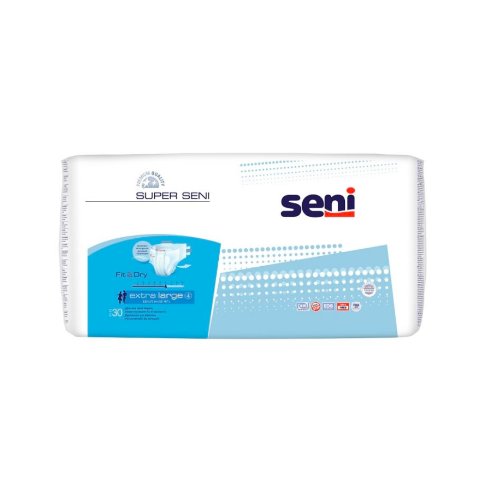 Eine Packung Super Seni Extra Large Inkontinenzhosen der TZMO Deutschland GmbH mit Fit & Dry-System im blau-weißen Design und verschiedenen Symbolen zu den Produktvorteilen.