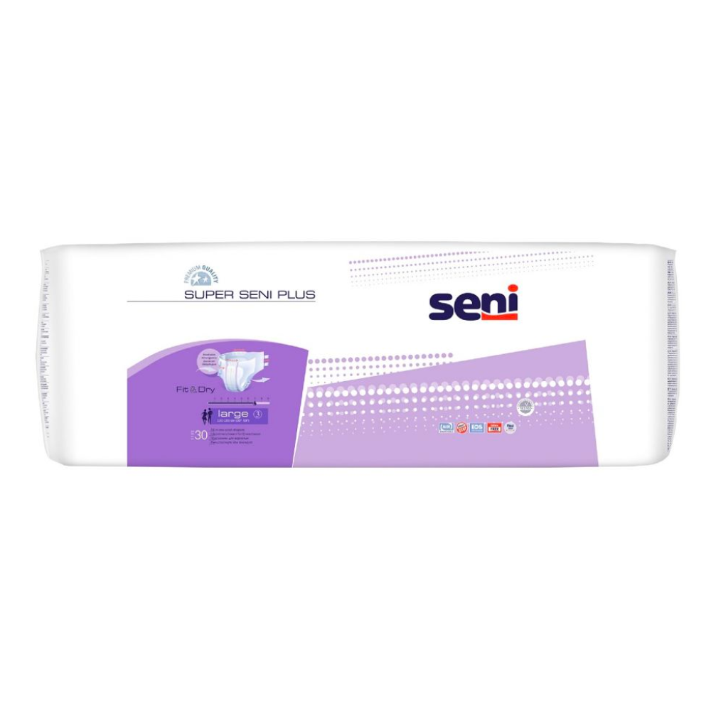 Eine Packung Super Seni Plus Inkontinenzhosen-Windeln für Erwachsene in Größe L mit violettem Branding, Produktvorteilen und einer Flexwindel-Grafik mit Auslaufschutz von TZMO Deutschland GmbH.