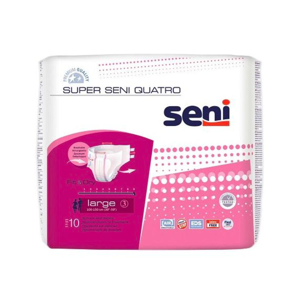 Eine Packung Super Seni Quatro Inkontinenzhosen für Blasenschwäche in der Größe Large, mit rosa-weißem Design mit Produktmerkmalen und einer Stückzahl von 10 Windeln von der TZMO Deutschland GmbH.