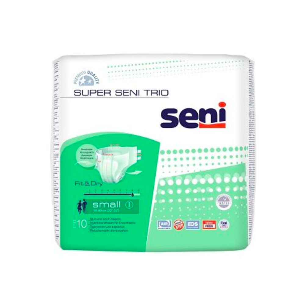 Ein Paket mit Super Seni Trio Inkontinenzhosen in Größe Small von TZMO Deutschland GmbH. Das Paket ist weiß mit grünen Akzenten und zeigt die Produktmerkmale, einschließlich des Fit&Dry-Systems und der Atmungsaktivitätsspezifikationen.