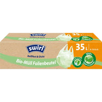 A box Swirl Melitta Europa GmbH & Co. KG's 35-liter organic waste plastic bags with carrying handles contain 6 tear-resistant, leak-proof, compostable bags (German labeling) featuring environmental symbols for eco-friendly disposal.