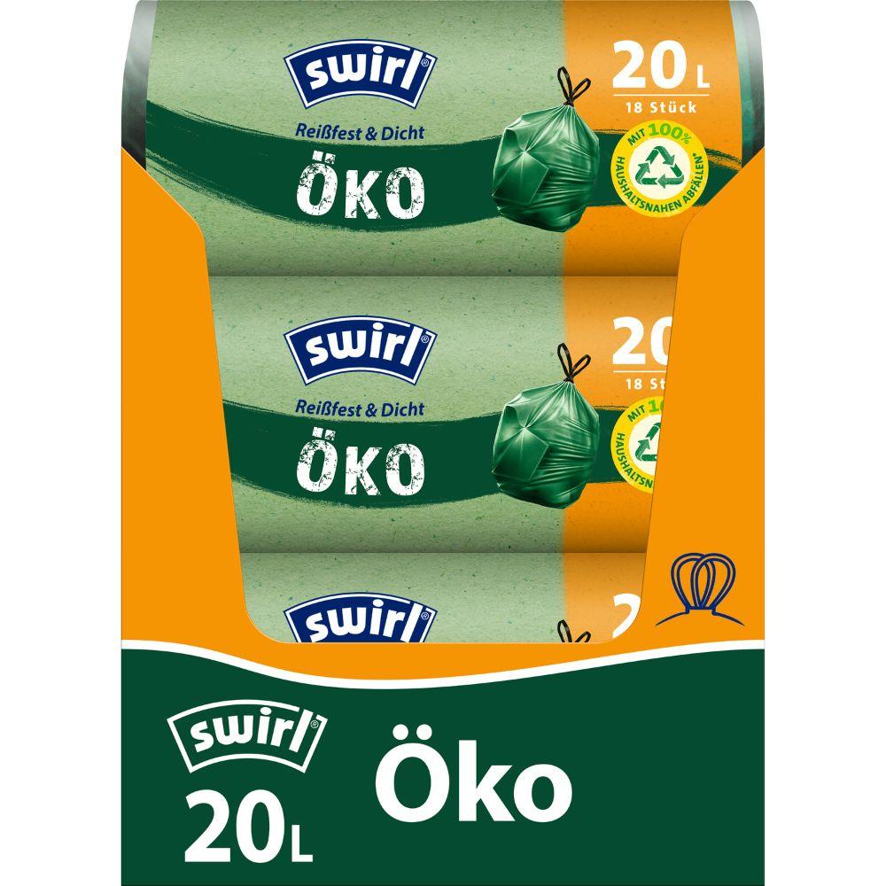 Eine Rolle Swirl Öko-Müllbeutel mit Zugband 20 l von Melitta Europa GmbH & Co. KG enthält 18 reißfeste, auslaufsichere Beutel mit Kordelzugverschluss und umweltfreundlichen Eigenschaften, hergestellt aus recyceltem Kunststoff und mit grünem Siegel versehen.