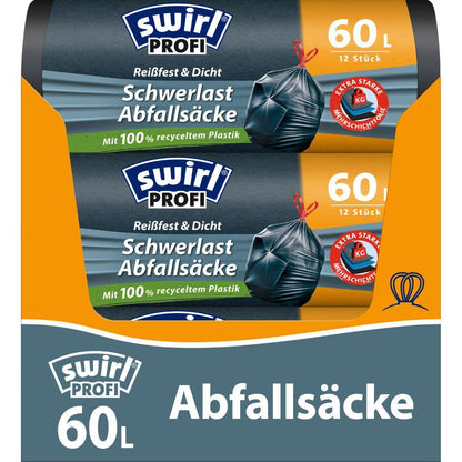 Packaging for Swirl heavy-duty bags Profi with drawstring 60 l Tear-resistant & Sealed (12 bags), by Melitta Europa GmbH & Co. KG. The label is made of 100% recycled plastic and shows a tied black bag with orange, green, and black accents.