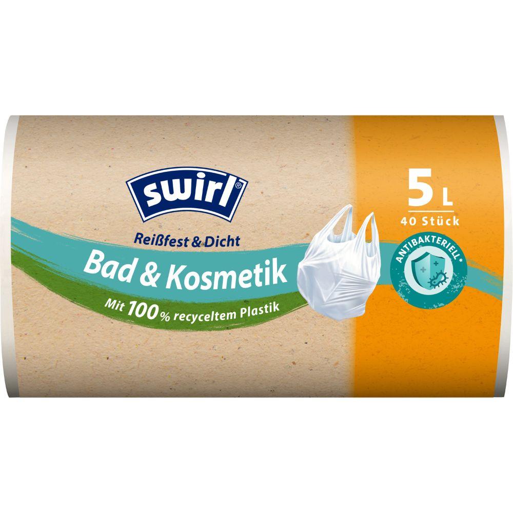 Eine Rolle Swirl Tragegriff-Müllbeutel Bad- & Kosmetik 5L (40 Beutel) der Melitta Europa GmbH & Co. KG, hergestellt aus 100 % recyceltem Kunststoff mit antibakteriellem Schutz, ist als reißfest und auslaufsicher gekennzeichnet.