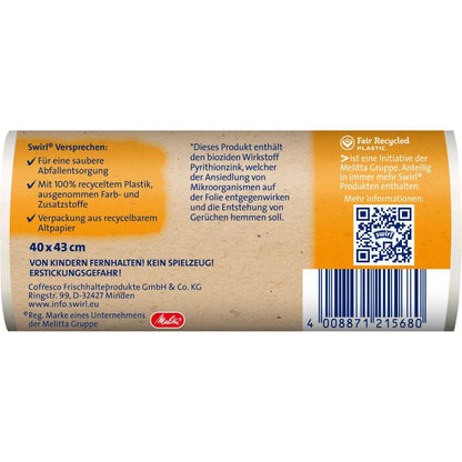 Der Swirl Tragegriff-Müllbeutel Bad- & Kosmetik 10 l der Melitta Europa GmbH & Co. KG zeichnet sich durch Beutel aus 100 % recyceltem Kunststoff, ohne Farbstoffe/Zusätze, antibakterielle Eigenschaften, recycelbare Verpackung, Barcode und QR-Code aus.