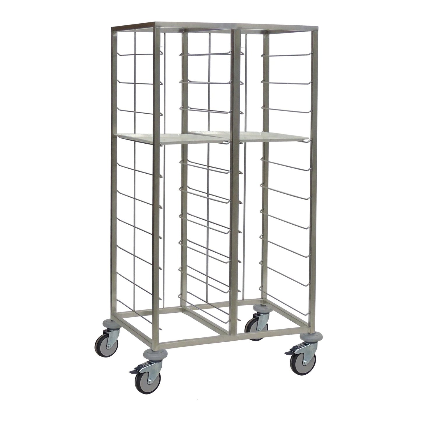 The Novocal tray cart, a two-row stainless steel model with an open frame, multiple tray supports, and four swivel casters, is ideal for use in hospitals or the food service industry.