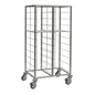 The Novocal tray cart, a two-row stainless steel model with an open frame, multiple tray supports, and four swivel casters, is ideal for use in hospitals or the food service industry.