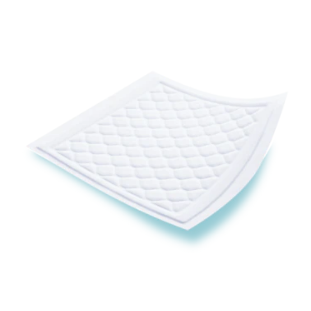 The TENA Bed Super protective bed pads from TENA - Essity Germany GmbH are white, quilted disposable pads with a slightly raised texture. They appear thin and flexible, have a square shape with slightly raised corners, and feature leak protection for increased reliability.