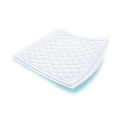 The TENA Bed Super protective bed pads from TENA - Essity Germany GmbH are white, quilted disposable pads with a slightly raised texture. They appear thin and flexible, have a square shape with slightly raised corners, and feature leak protection for increased reliability.