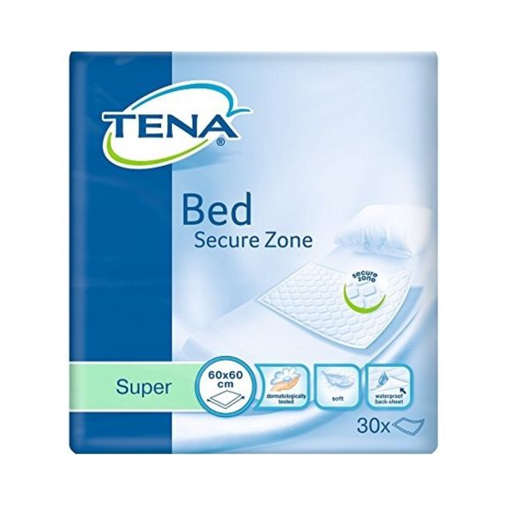 The packaging of the TENA Bed Super protective bed pads, designed in blue and green, emphasizes the absorbency "Super" with superabsorbent micro-beads. It measures 60x60 cm, contains 30 incontinence protection pads, and shows a bed with a pad as an indication of leak protection. The product is offered by TENA - Essity Germany GmbH.