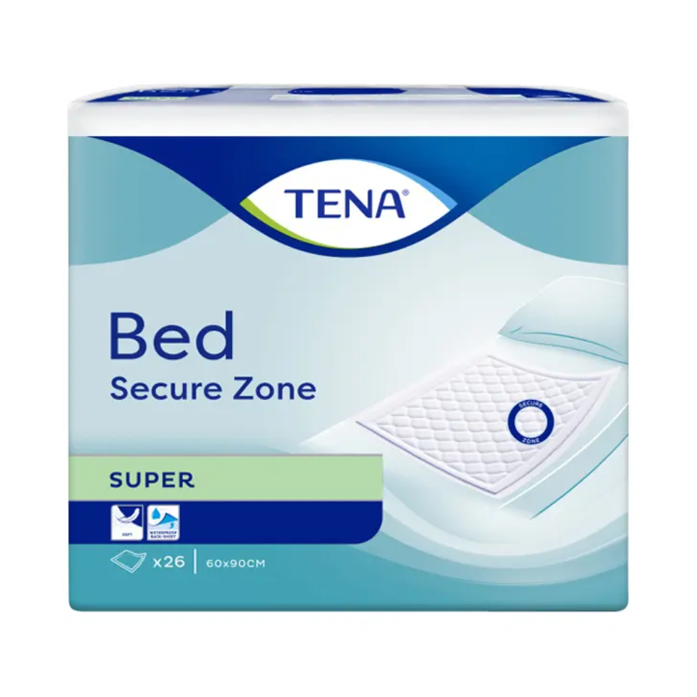 The TENA Bed Super protective bed pads package from TENA – Essity Germany GmbH is presented in calming blue and white and features a striking image of a bed pad. It contains detailed product information such as the dimensions (60 x 90 cm) and is delivered in a pack of 26 pieces. The leak protection and superabsorbent micro-beads for optimal incontinence protection pad care are highlighted.