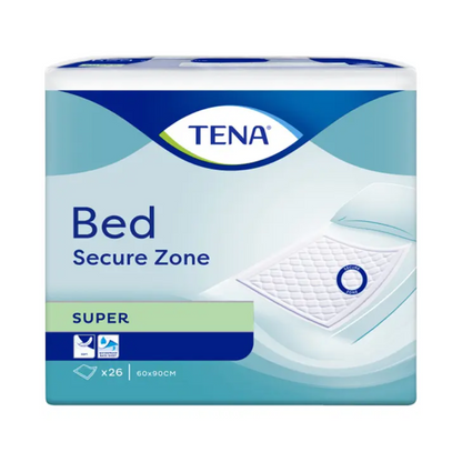 The TENA Bed Super protective bed pads package from TENA – Essity Germany GmbH is presented in calming blue and white and features a striking image of a bed pad. It contains detailed product information such as the dimensions (60 x 90 cm) and is delivered in a pack of 26 pieces. The leak protection and superabsorbent micro-beads for optimal incontinence protection pad care are highlighted.