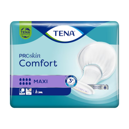 Packaging for TENA Comfort Maxi incontinence pads, containing 34 pieces. The design includes a blue-violet color scheme with an image of the incontinence pad on the right side and symbols indicating absorbency and product benefits.