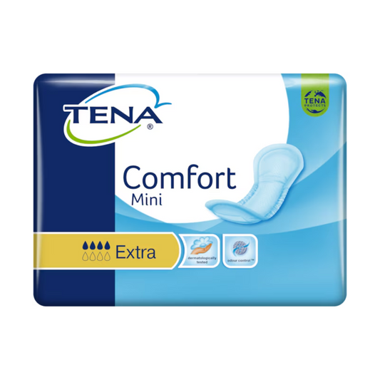 Bild einer Packung TENA Comfort Mini Extra Inkontinenzvorlage. Die überwiegend blau-weiße Verpackung zeigt oben links das TENA-Logo und in der Mitte ein Bild der Inkontinenzvorlage. Symbole heben Saugfähigkeit, atmungsaktives Material und Geruchskontrolle hervor.