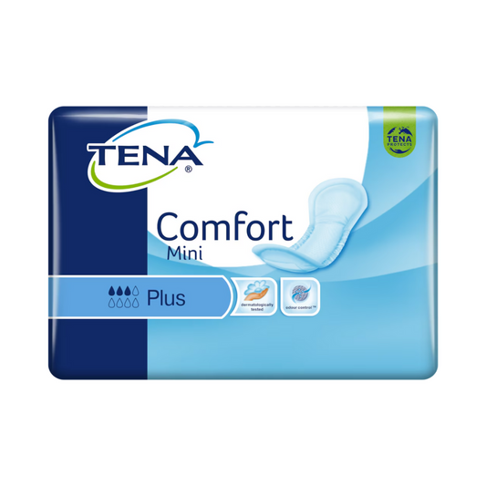 Das Bild zeigt eine blau-weiße Packung TENA Comfort Mini Plus Inkontinenzvorlage | Packung (30 Stück). Auf der Packung ist ein Bild einer Inkontinenzeinlage zu sehen, zusammen mit Symbolen, die Saugstärke, Dry Fast Core, Geruchskontrolle und eine atmungsaktive Schicht anzeigen. Das Tena-Logo ist oben links gut zu erkennen.