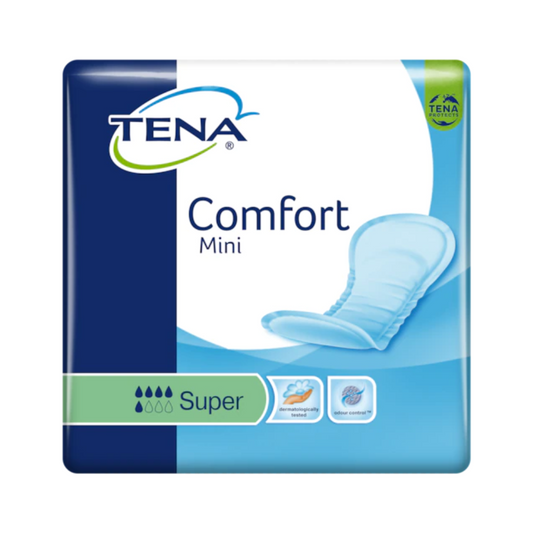 Eine blaue, quadratische Packung TENA Comfort Mini Super Inkontinenzvorlage | Packung (30 Stück) für Blasenschwäche. Die Packung enthält ein Bild der Einlage, das TENA-Logo und Symbole, die Saugfähigkeit, Geruchskontrolle und Komfort anzeigen. Grüne und blaue Farbakzente vervollständigen diese praktische Inkontinenzvorlage-Verpackung.