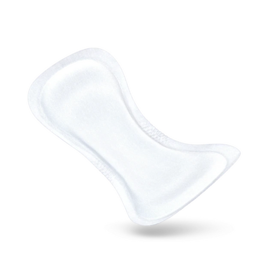 Ein Bild einer weißen Damenbinde mit konturierter Form. Die Binde, ein TENA Comfort Mini Super Inkontinenzvorlage | Packung (30 Stück), scheint für die weibliche Hygiene oder zur Behandlung von Blasenschwäche konzipiert zu sein. Der Hintergrund ist schlicht weiß, sodass die Binde der einzige Fokus des Bildes ist.