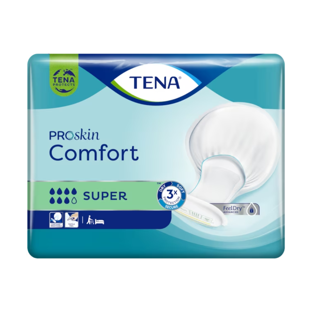 Die Verpackung der TENA Comfort Super Inkontinenzvorlage mit ihrer klaren Produktdarstellung betont durch eindeutige Icons die dermatologisch getesteten und Trockenheitsschutz-Eigenschaften. Das überwiegend in Blau und Grün gehaltene Design erleichtert die Identifizierung.